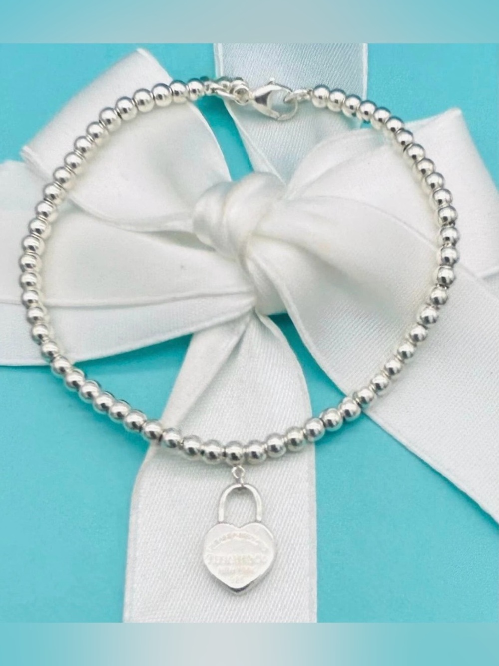 Rare Tiffany & Co Mini Heart Padlock Bead Bracelet Sterling Silver Retired Sz 7” - Picture 2 of 6